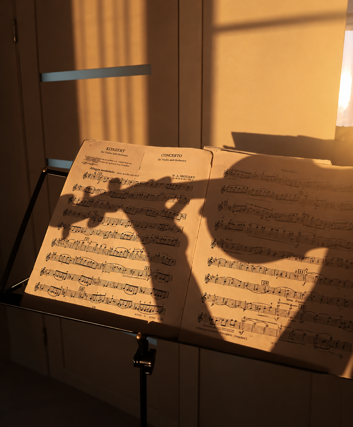 Sheet music on a stand in warm light