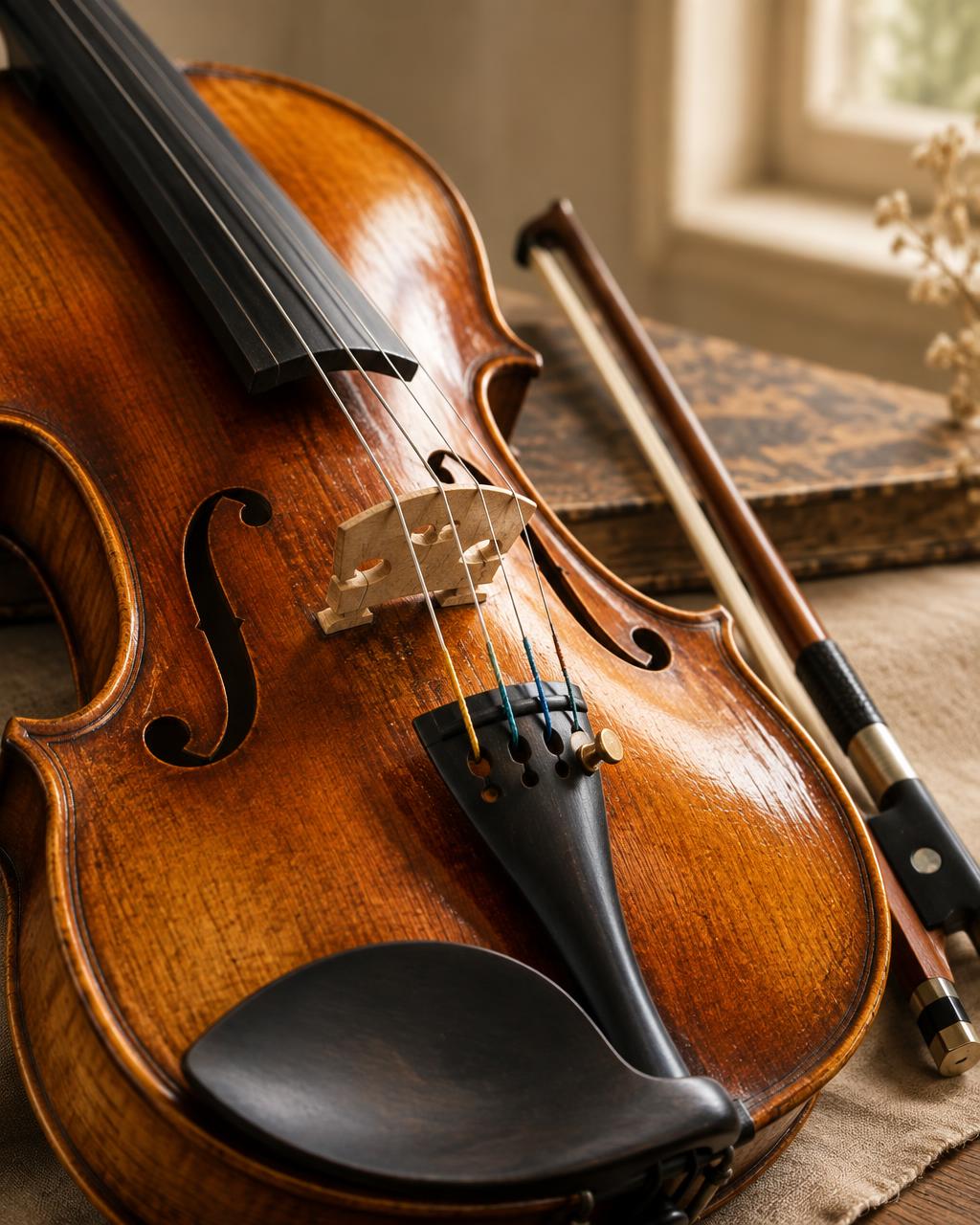 Close detail of a violin and bow
